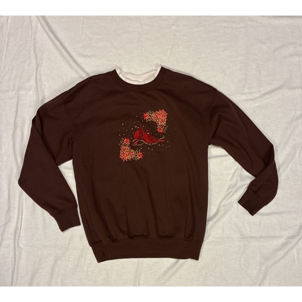 Vintage Women's Sweatshirt Medium Brown Grandmacore Embroidered Cozy Vibes 90s